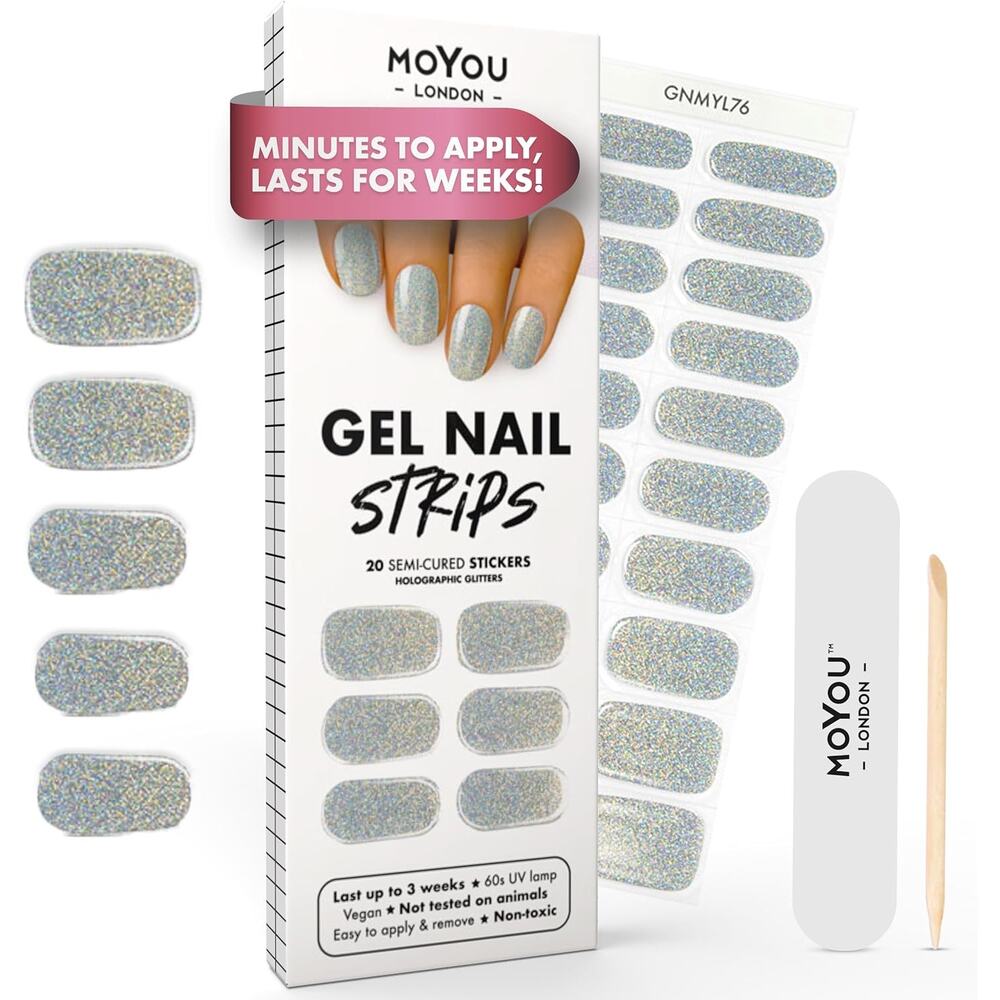Gel Nail Strips Silver Glitter Semi Cured 20 Pcs. Works with Any UV Lamp MOYOU
